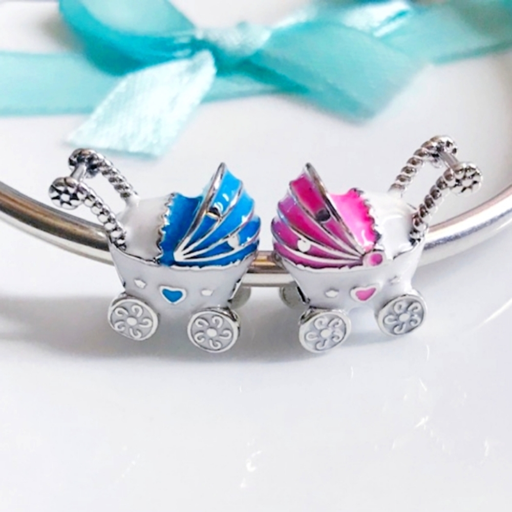 2 Baby Strollers Twin Babies charms S925 Sterling Silver Pandora compatible
